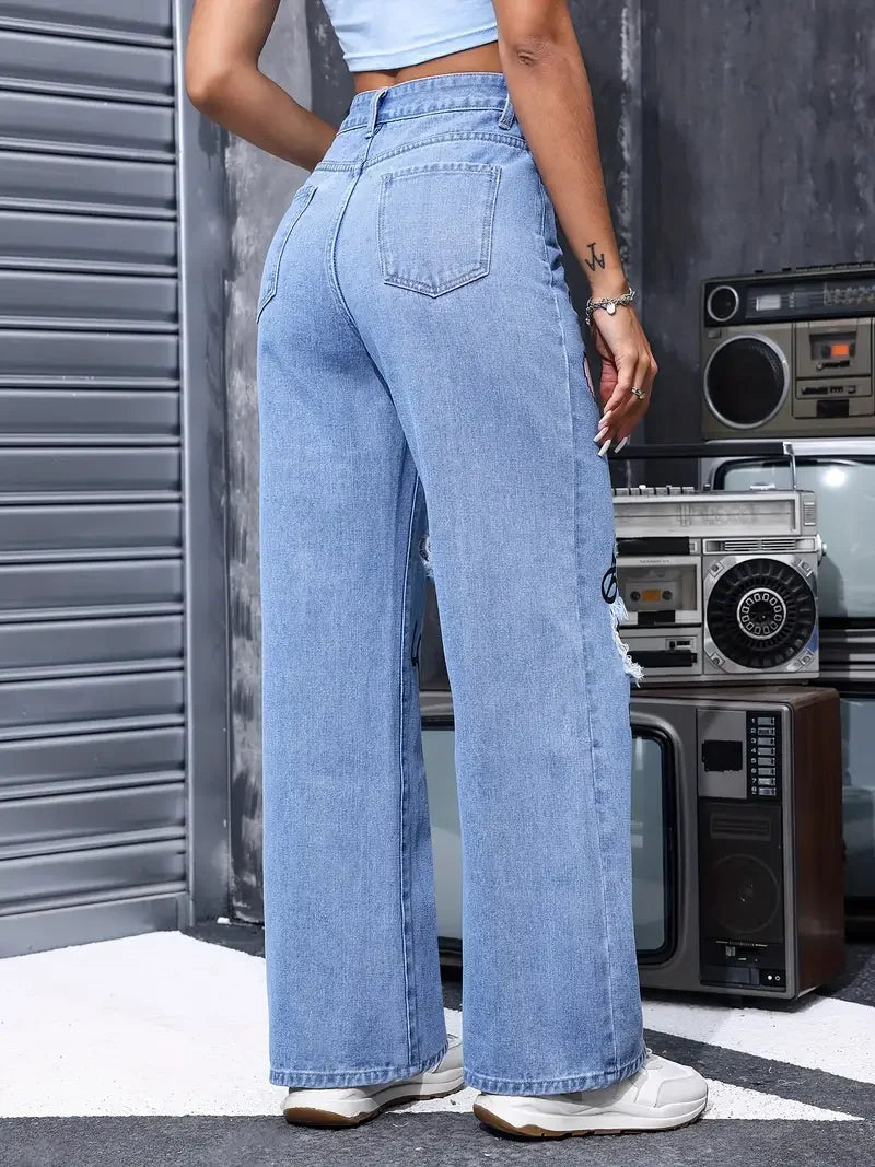 Classic High Waist Button Up Butterfly Print Ripped Straight Jeans Mssza