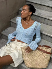 Classic Knitted Solid V-Neck Hollow Out Short Knitted Loose Crop Top Mssza