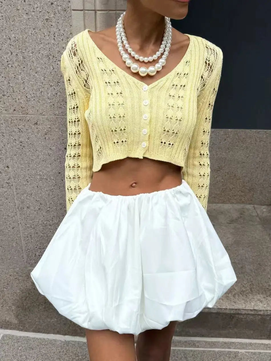 Classic Knitted Solid V-Neck Hollow Out Short Knitted Loose Crop Top Mssza