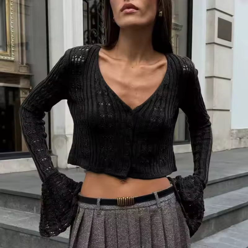 Classic Knitted Solid V-Neck Hollow Out Short Knitted Loose Crop Top Mssza