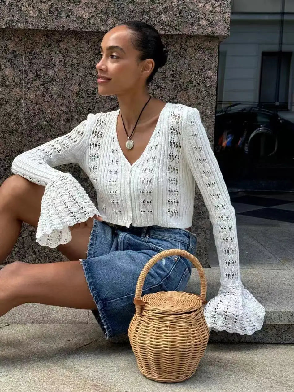 Classic Knitted Solid V-Neck Hollow Out Short Knitted Loose Crop Top Mssza