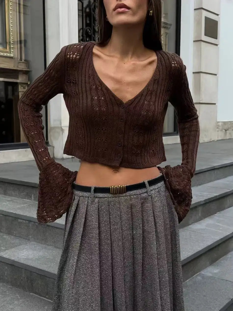 Classic Knitted Solid V-Neck Hollow Out Short Knitted Loose Crop Top Mssza