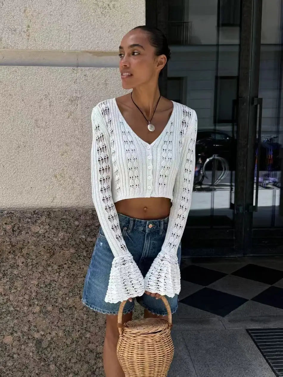 Classic Knitted Solid V-Neck Hollow Out Short Knitted Loose Crop Top Mssza