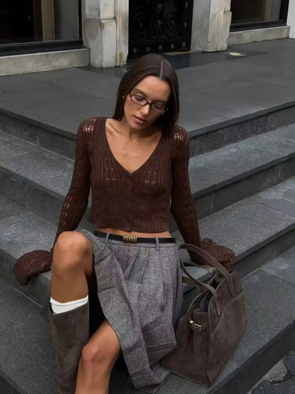 Classic Knitted Solid V-Neck Hollow Out Short Knitted Loose Crop Top Mssza