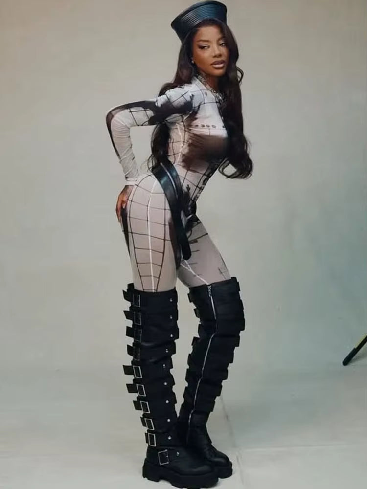 Classic Mesh Full Sleeve Round Neck Skinny Overalls Mujer Trend Jumpsuits Mssza