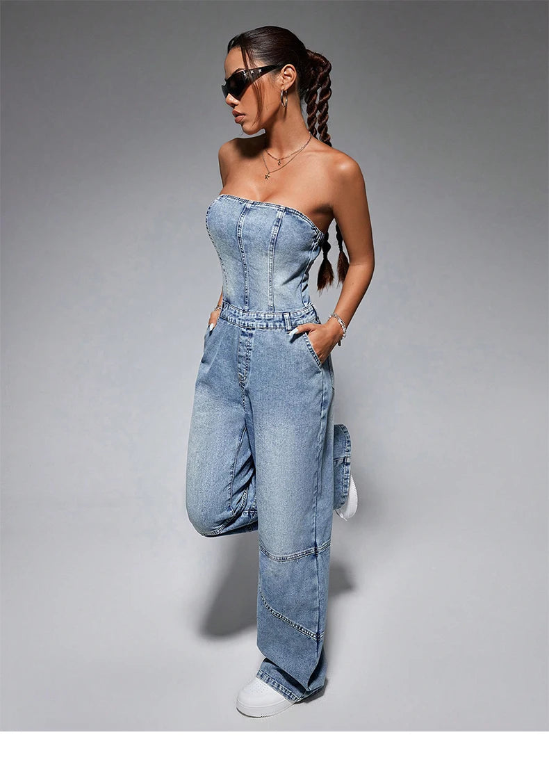 Classic Off Shoulder Sleeveless Tube Top Button High Waist Wide Leg Jumpsuits Mssza