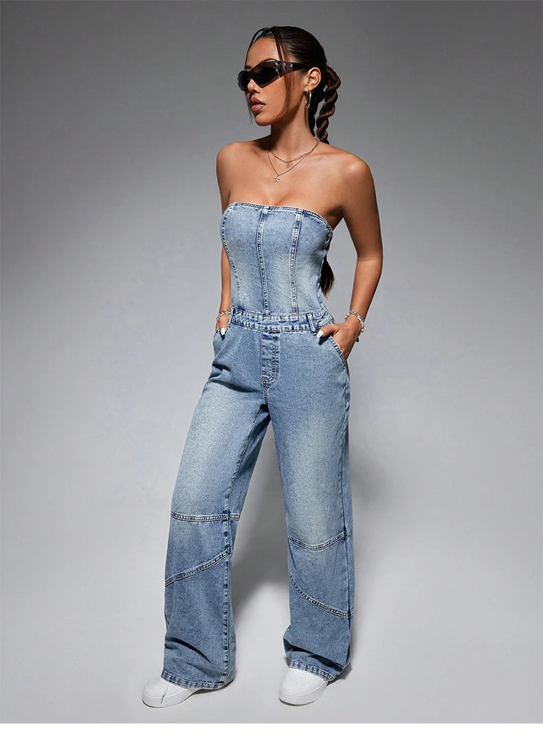 Classic Off Shoulder Sleeveless Tube Top Button High Waist Wide Leg Jumpsuits Mssza