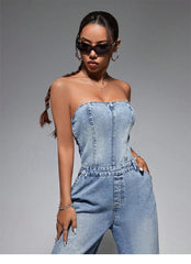 Classic Off Shoulder Sleeveless Tube Top Button High Waist Wide Leg Jumpsuits Mssza