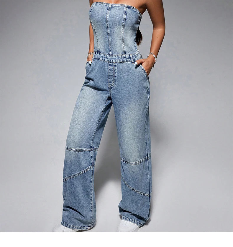 Classic Off Shoulder Sleeveless Tube Top Button High Waist Wide Leg Jumpsuits Mssza
