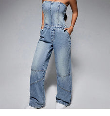 Classic Off Shoulder Sleeveless Tube Top Button High Waist Wide Leg Jumpsuits Mssza