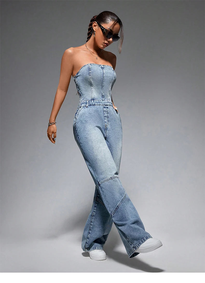 Classic Off Shoulder Sleeveless Tube Top Button High Waist Wide Leg Jumpsuits Mssza