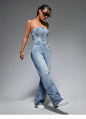 Classic Off Shoulder Sleeveless Tube Top Button High Waist Wide Leg Jumpsuits Mssza