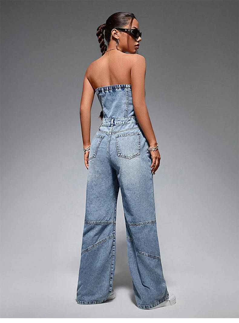 Classic Off Shoulder Sleeveless Tube Top Button High Waist Wide Leg Jumpsuits Mssza