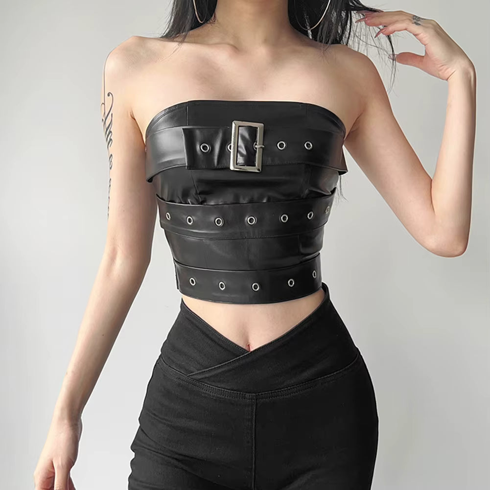 Classic Patchwork Gothic Retro Matte Belt Chest Wrap Vest Crop Top Mssza
