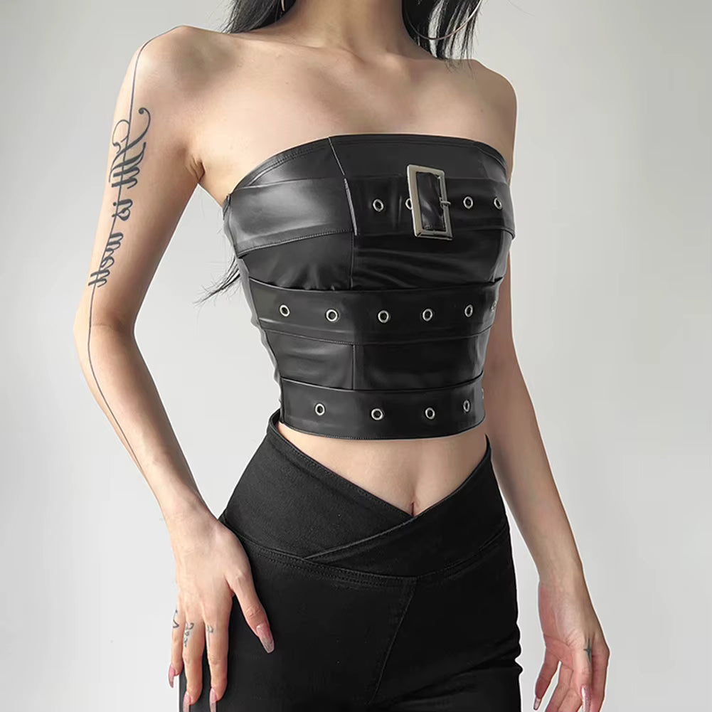 Classic Patchwork Gothic Retro Matte Belt Chest Wrap Vest Crop Top Mssza