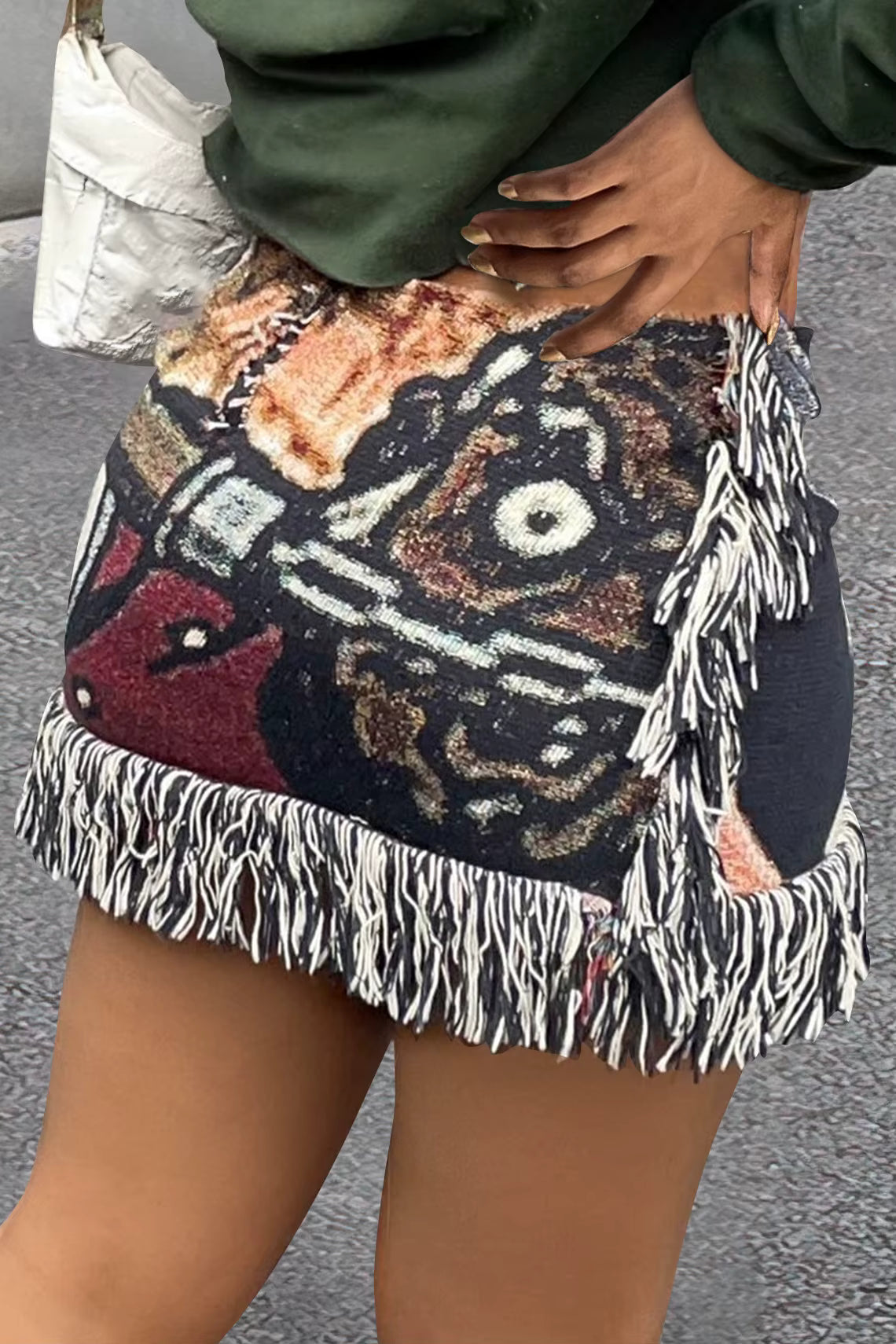 Classic Pattern Tassel Mini Short Printed Street Empire Slim Skirt Mssza