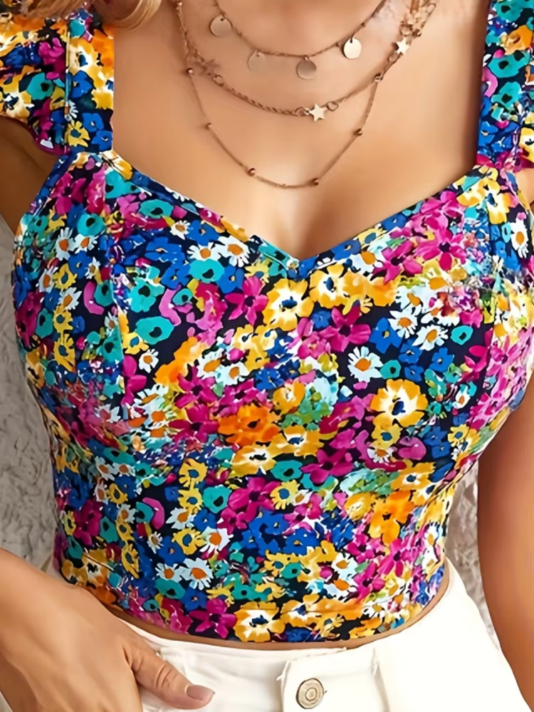 Classic Petal Sleeve Flower Printed Breast Wrap Backless Crop Top Streetwear Mssza