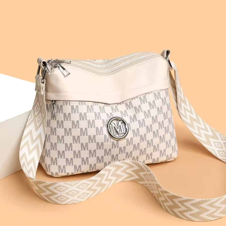 Classic Printed Letter Patchwork Design Stylish Three Layer Zipper Leather Work Outdoor Shoulder Crossbody Bag Mssza