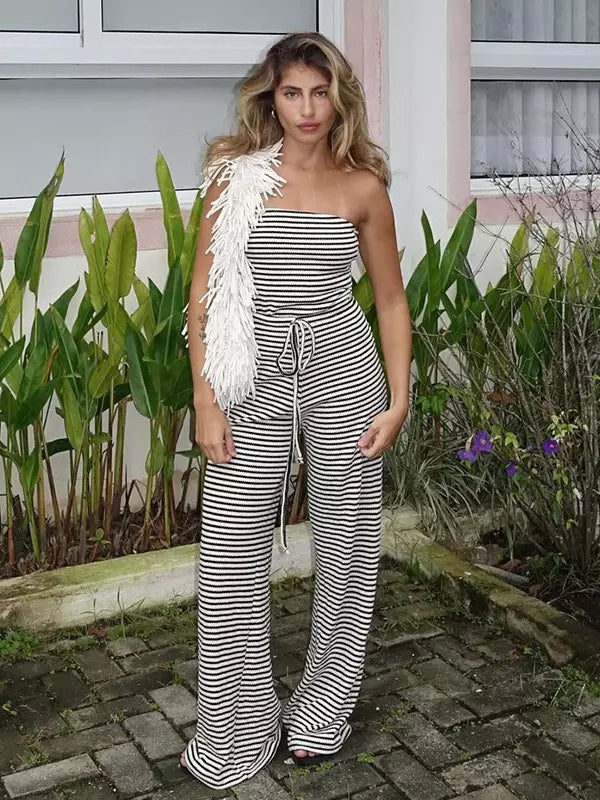 Classic Sleeveless Stripe Pattern Drawstring High-Waist Strapless Jumpsuit Mssza