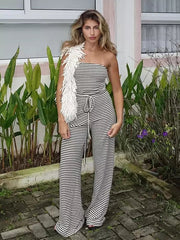 Classic Sleeveless Stripe Pattern Drawstring High-Waist Strapless Jumpsuit Mssza