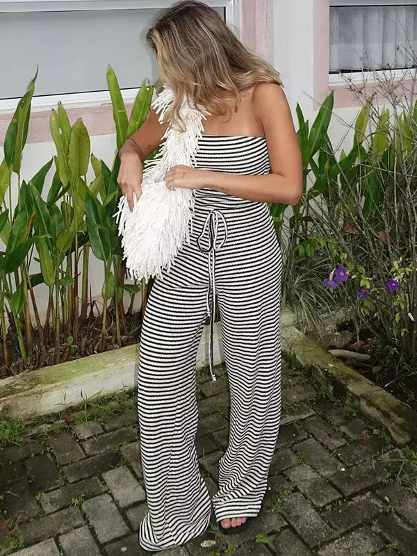 Classic Sleeveless Stripe Pattern Drawstring High-Waist Strapless Jumpsuit Mssza