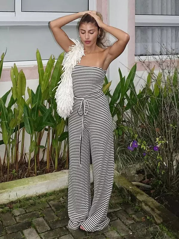 Classic Sleeveless Stripe Pattern Drawstring High-Waist Strapless Jumpsuit Mssza