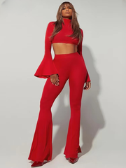 Classic Solid Simple Ruffle Sleeve Stand Collar Crop Top High Waist Flare Pants 2 Piece Set Mssza