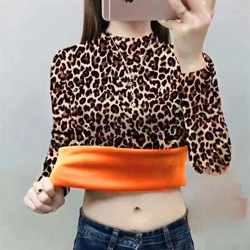 Classic Stand Neck Leopard Long Sleeve Crop Top Mssza
