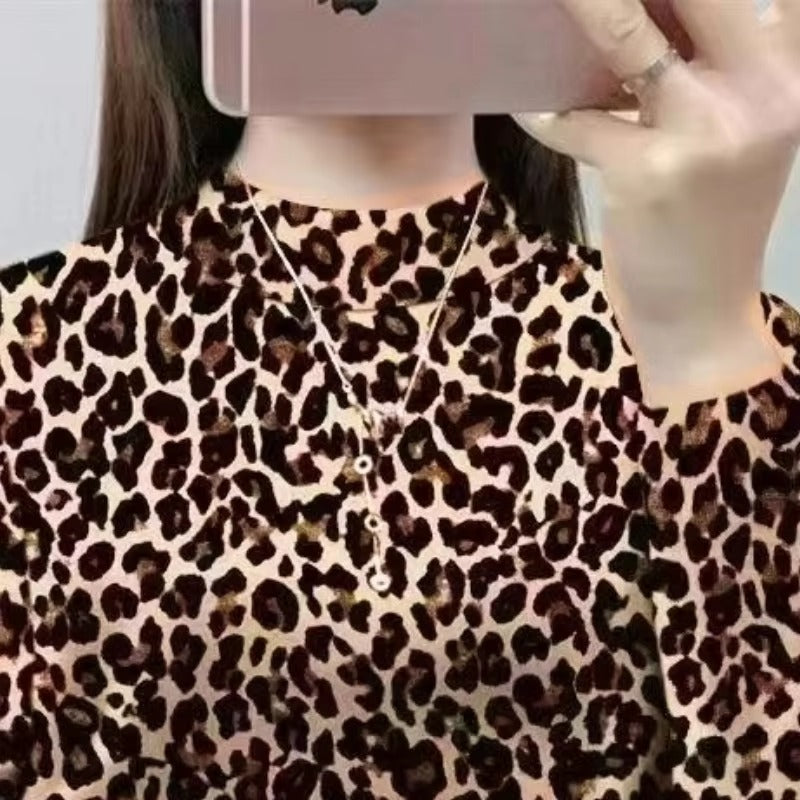 Classic Stand Neck Leopard Long Sleeve Crop Top Mssza
