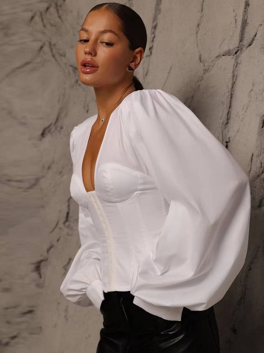 Classic V-Neck Lantern Sleeve Slim Shirts Streetwear Mssza