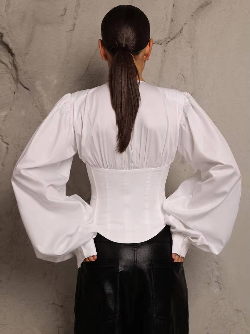 Classic V-Neck Lantern Sleeve Slim Shirts Streetwear Mssza