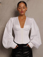Classic V-Neck Lantern Sleeve Slim Shirts Streetwear Mssza