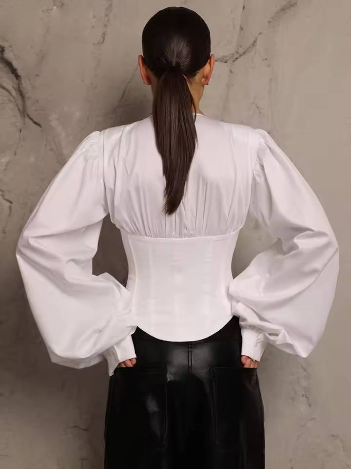 Classic V-Neck Lantern Sleeve Slim Shirts Streetwear Mssza