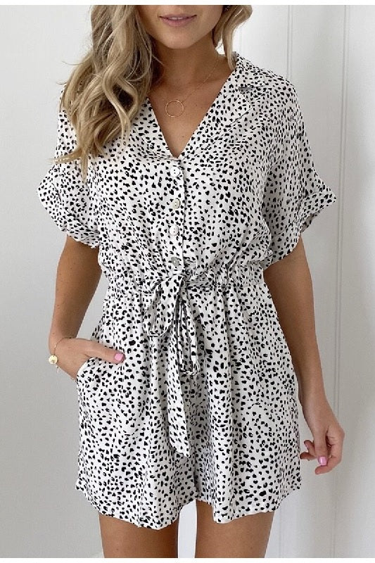 Collar buttons bat sleeve tie leopard short jumpsuits Mssza