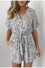 Collar buttons bat sleeve tie leopard short jumpsuits Mssza