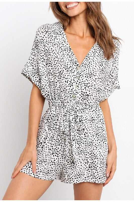 Collar buttons bat sleeve tie leopard short jumpsuits Mssza