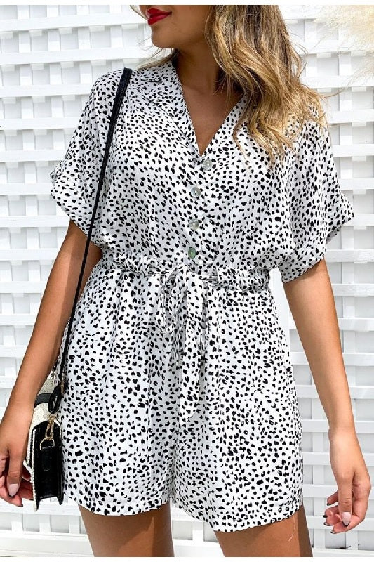 Collar buttons bat sleeve tie leopard short jumpsuits Mssza