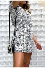 Collar buttons bat sleeve tie leopard short jumpsuits Mssza