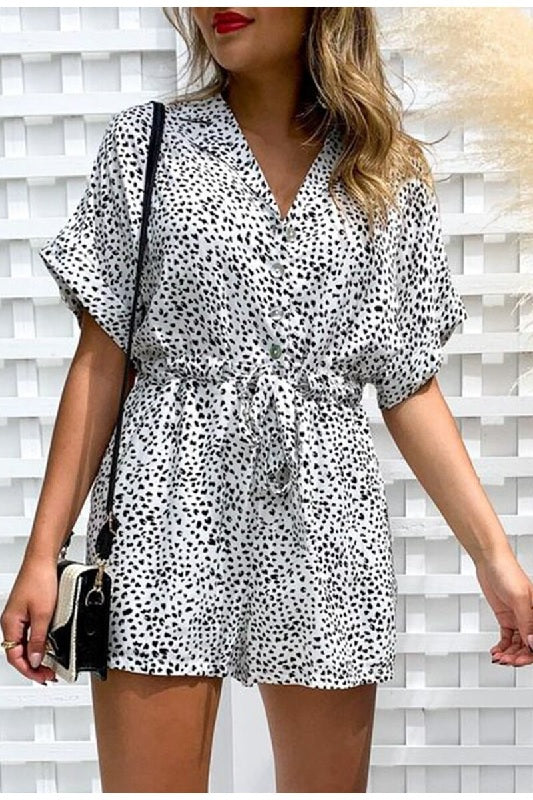 Collar buttons bat sleeve tie leopard short jumpsuits Mssza