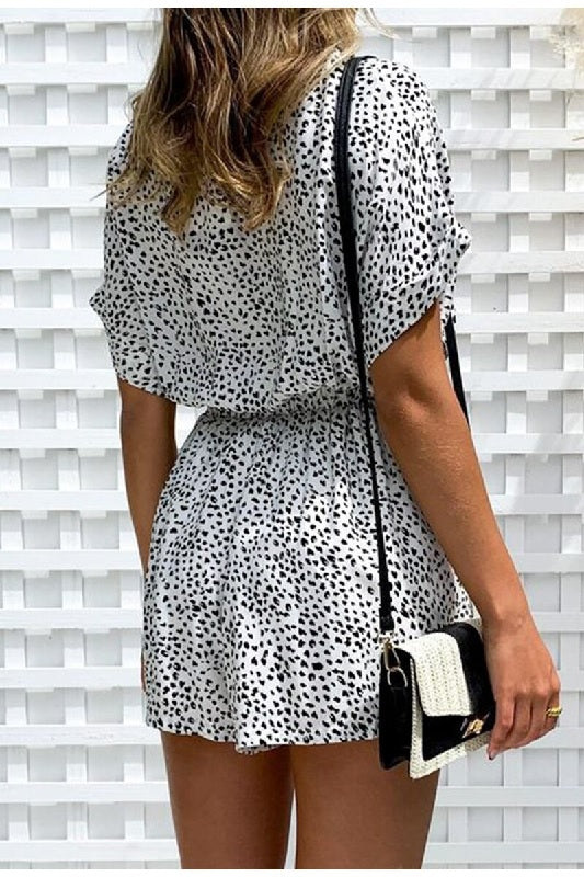 Collar buttons bat sleeve tie leopard short jumpsuits Mssza