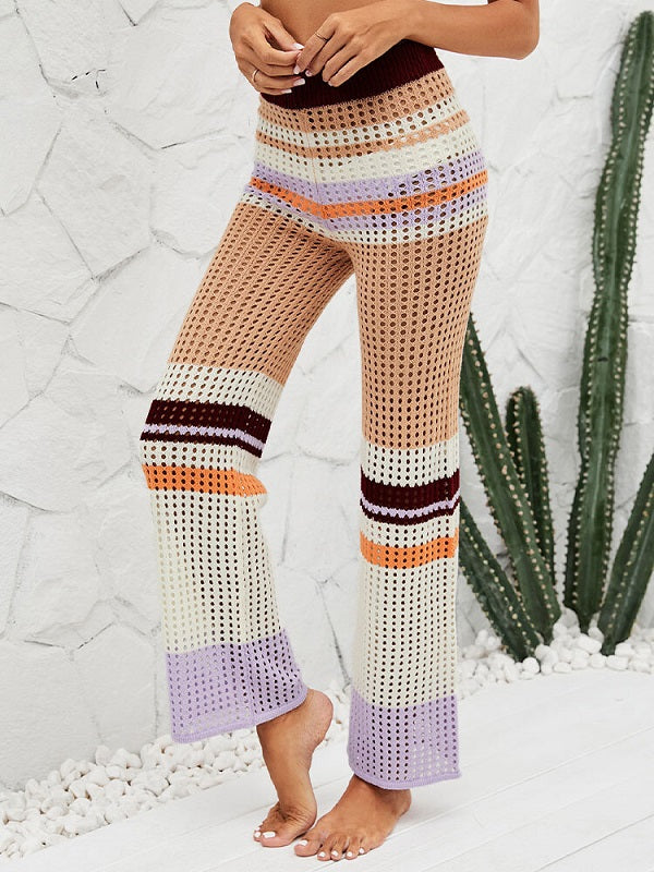 Color Block Hollow Knit Patchwork Elastic Waist Holiday Pants Mssza
