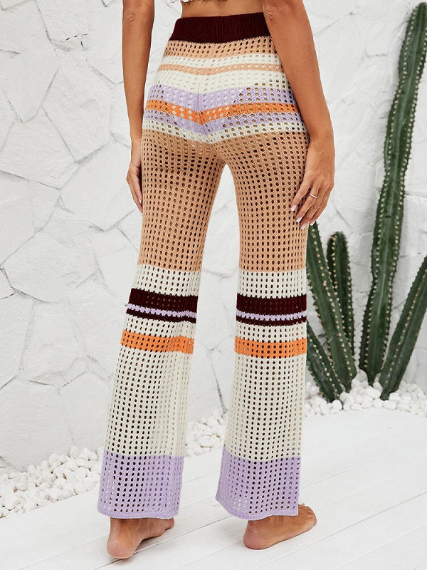 Color Block Hollow Knit Patchwork Elastic Waist Holiday Pants Mssza