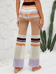 Color Block Hollow Knit Patchwork Elastic Waist Holiday Pants Mssza