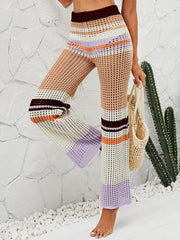 Color Block Hollow Knit Patchwork Elastic Waist Holiday Pants Mssza