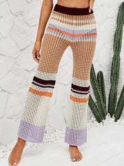 Color Block Hollow Knit Patchwork Elastic Waist Holiday Pants Mssza