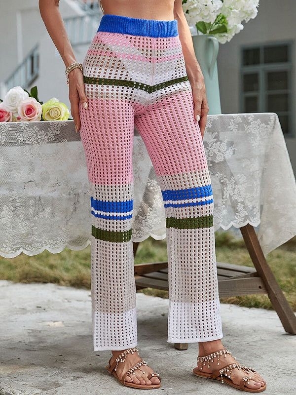 Color Block Hollow Knit Patchwork Elastic Waist Holiday Pants Mssza
