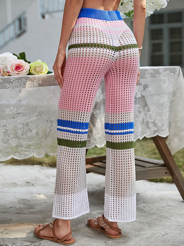Color Block Hollow Knit Patchwork Elastic Waist Holiday Pants Mssza