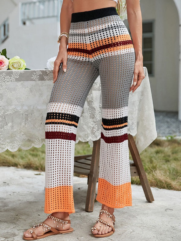Color Block Hollow Knit Patchwork Elastic Waist Holiday Pants Mssza
