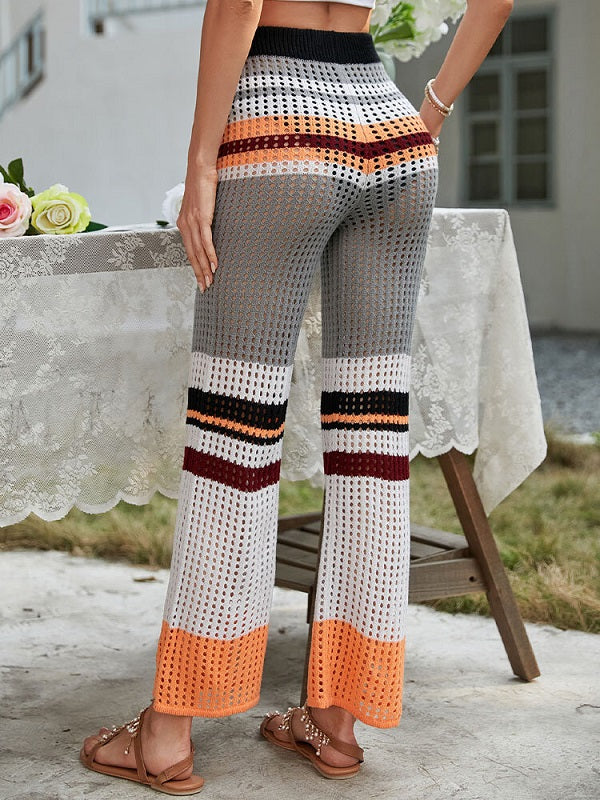 Color Block Hollow Knit Patchwork Elastic Waist Holiday Pants Mssza