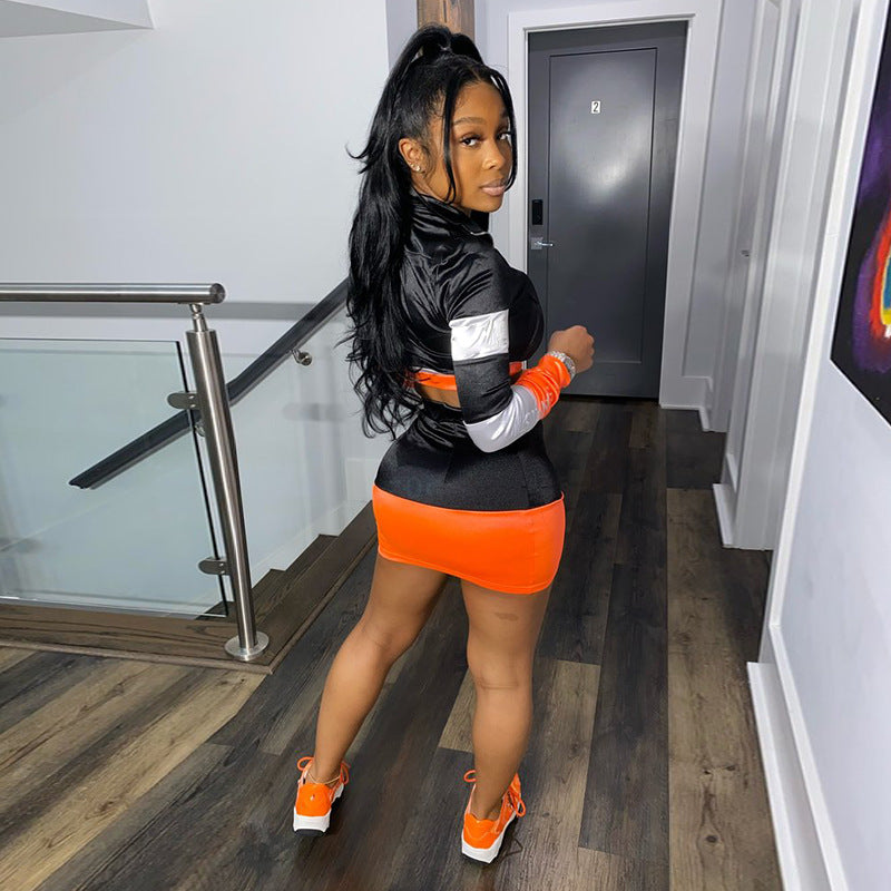 Color Block Long Sleeve Crop Top And Skirt Set Mssza